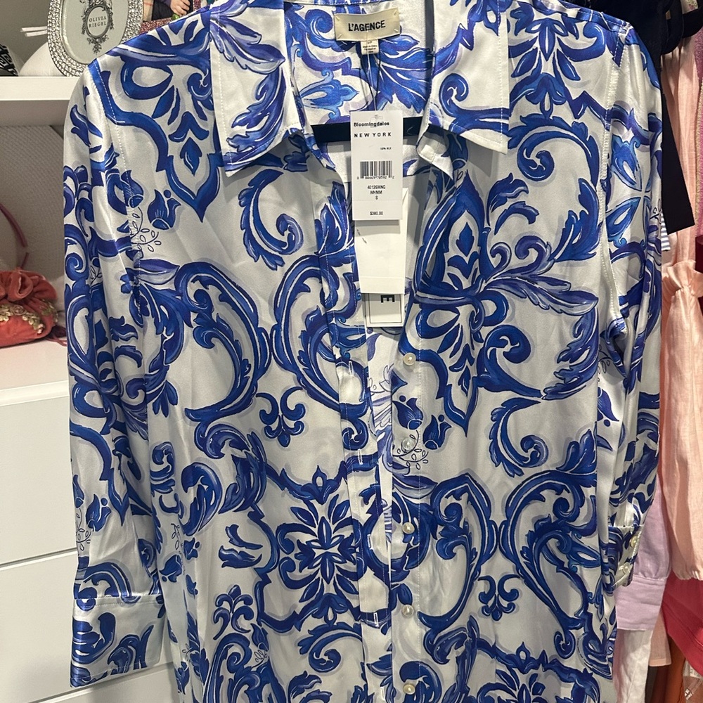 L’agence Blue and White Silk Shirt